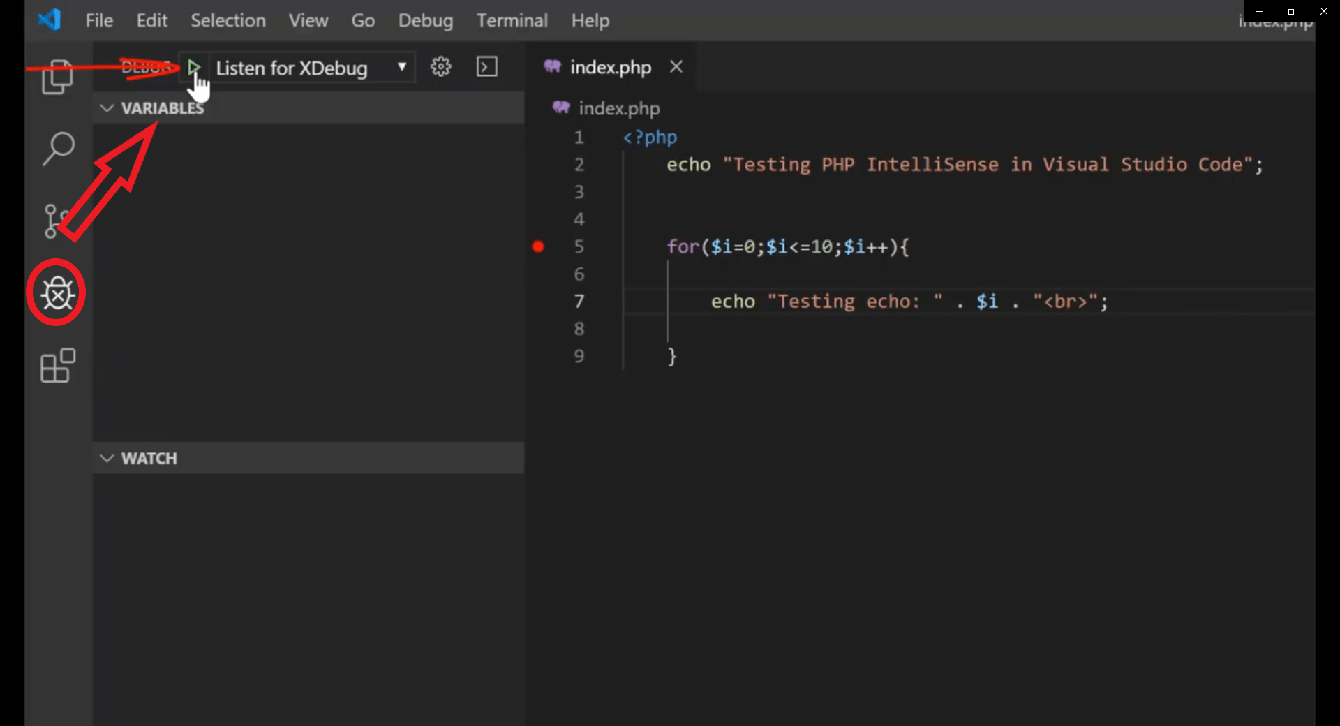 listen for xdebug button in visual studio code