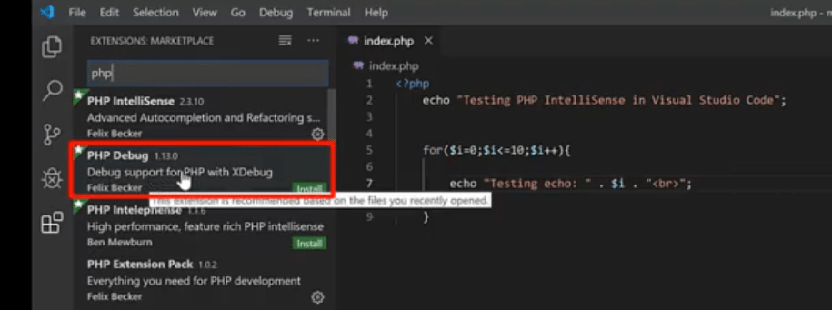 php debug visual studio code extension