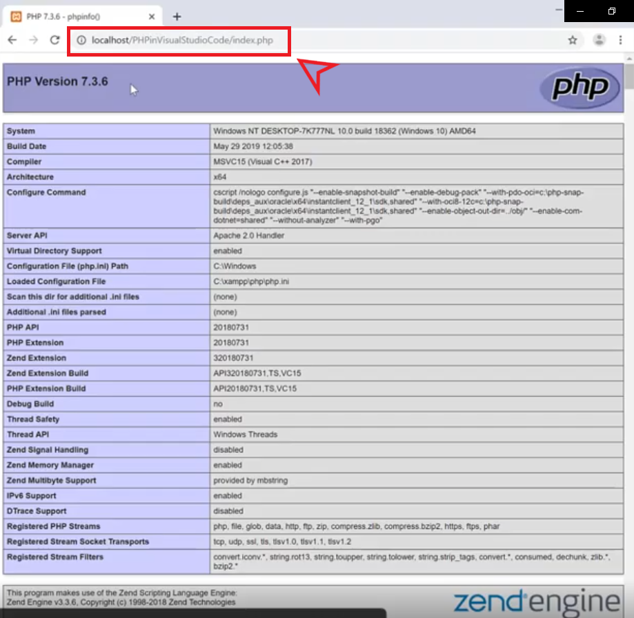 phpinfo function php in visual studio code