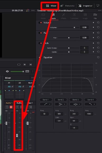 how to adjust clip volume in davinci resolve