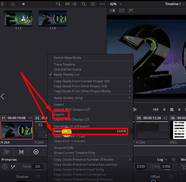 grab and export still as image out of davinci resolve 17 - color tab