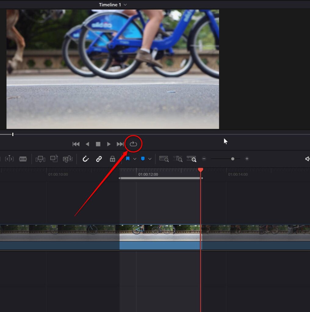 video loop button in davinci resolve edit page