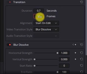 change video transition settings in davinci resolve