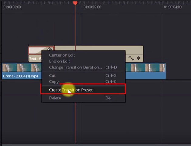 create transition preset menu in davinci resolve