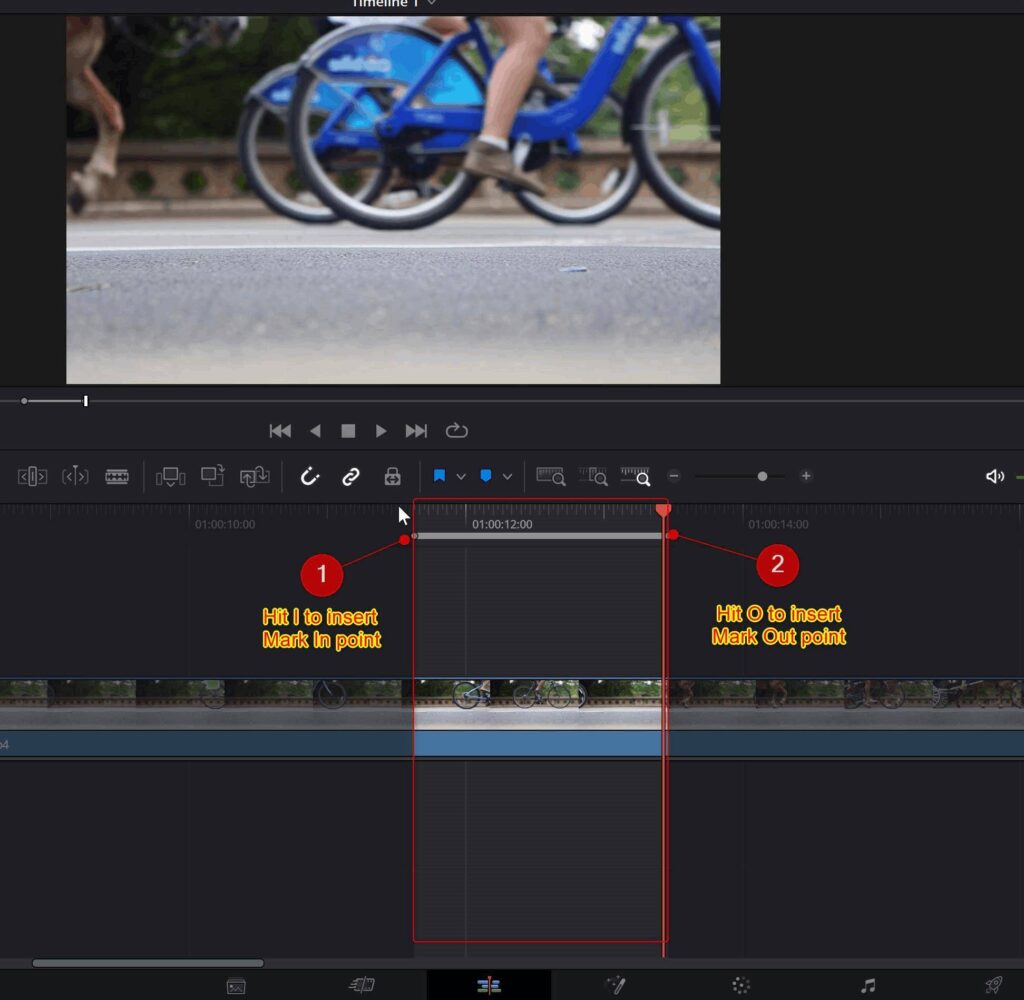 shortcuts to set mark in and mark out points in davinci resolve