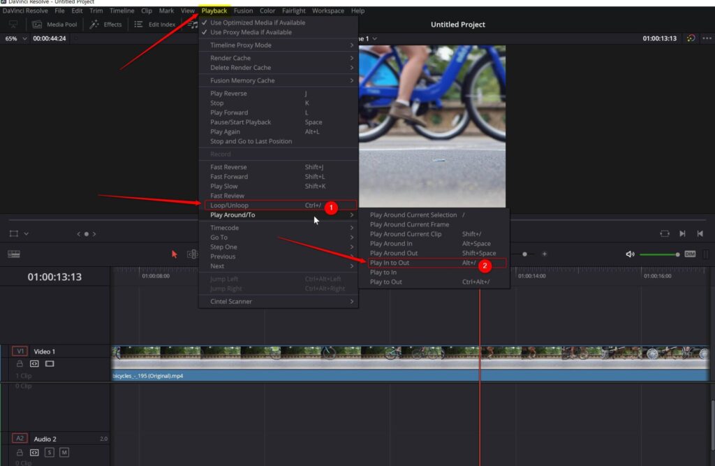 playback menu loop unloop and play in to out shortcuts in davinci resolve