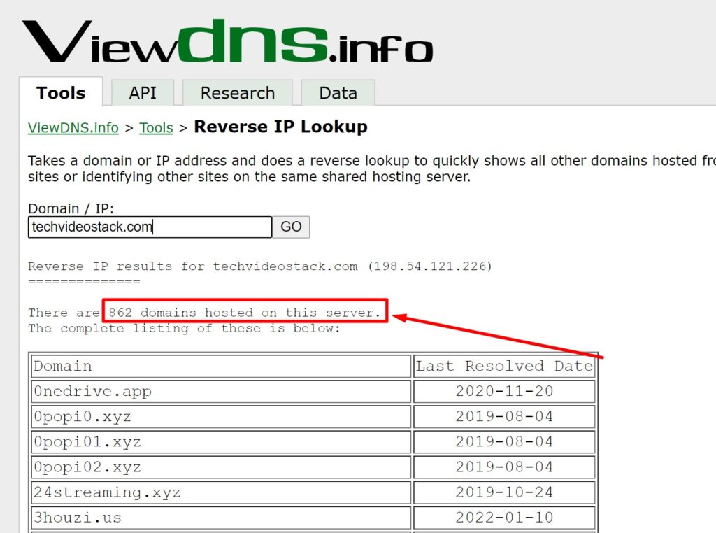 viewdns show all websites hosted on your shared server