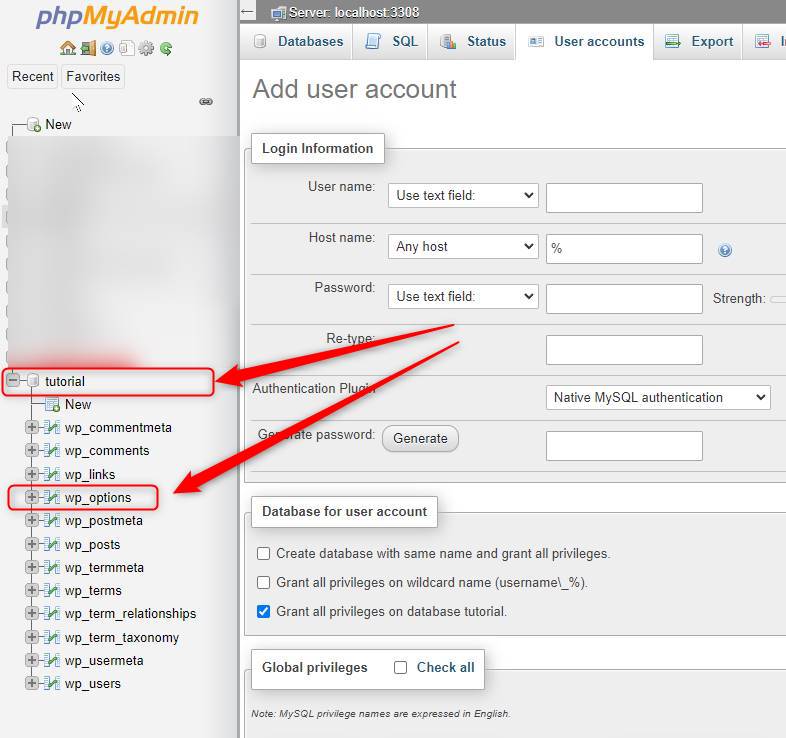 click database name to open table list in phpMyAdmin