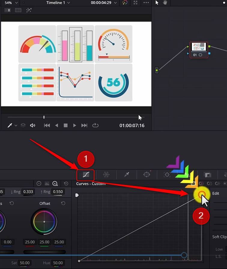 curves control in color tab of davinci resolve