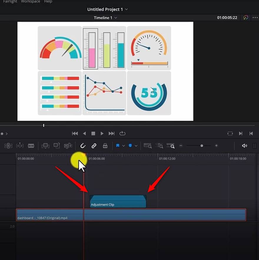 fade in and fade out transition to adjustment clip in edit page of davinci resolve