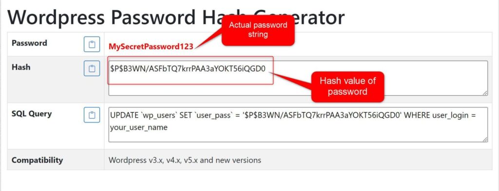 generated password and hash value usetools wordpress password hash generator