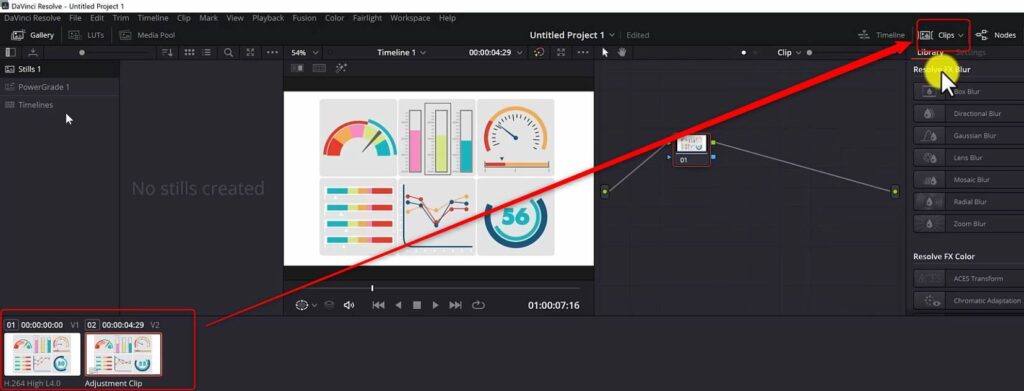 highlight area in davinci resolve enable the clips area in color tab