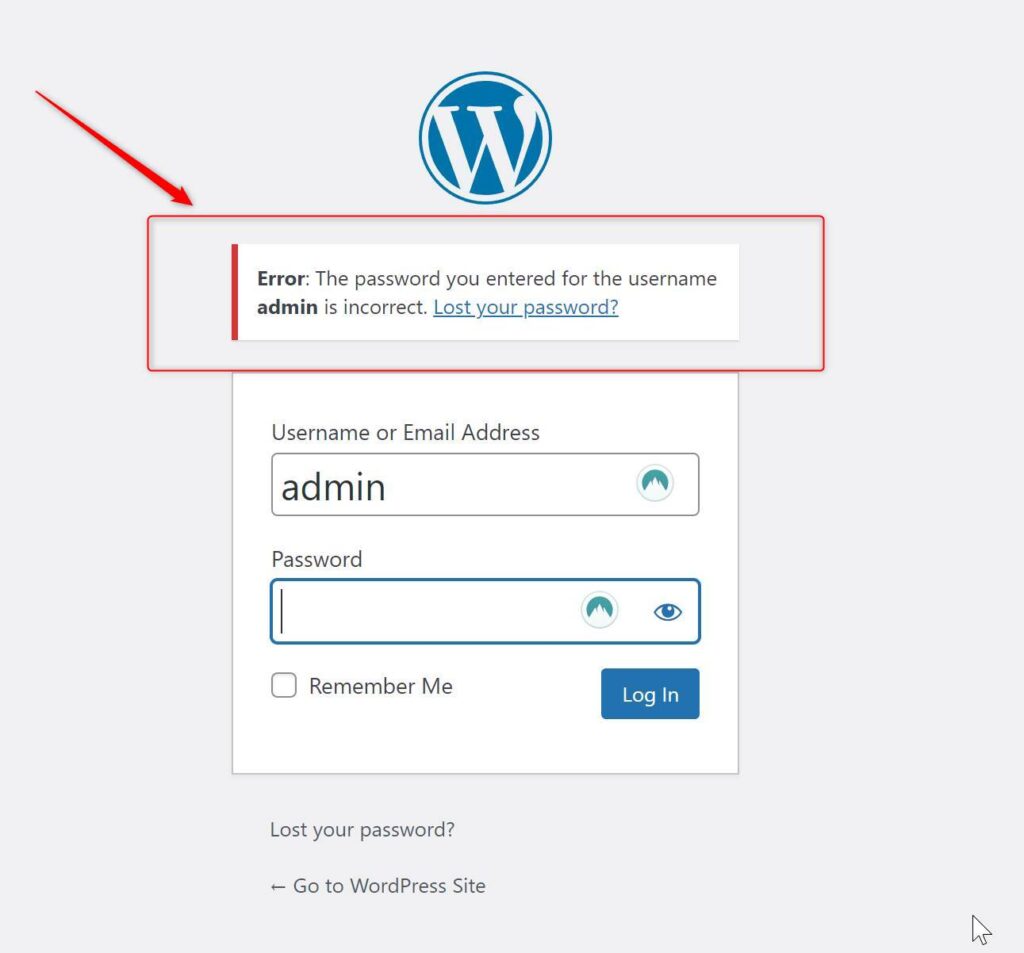 incorrect password WordPress login