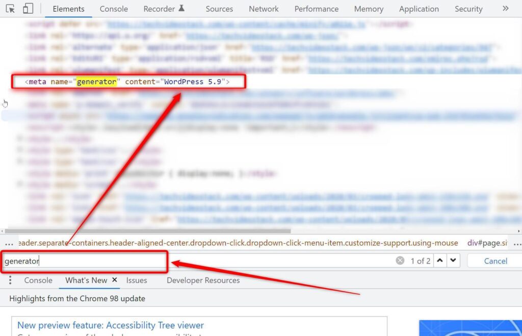 search for generator keyword to check the wordpress version in the inspector