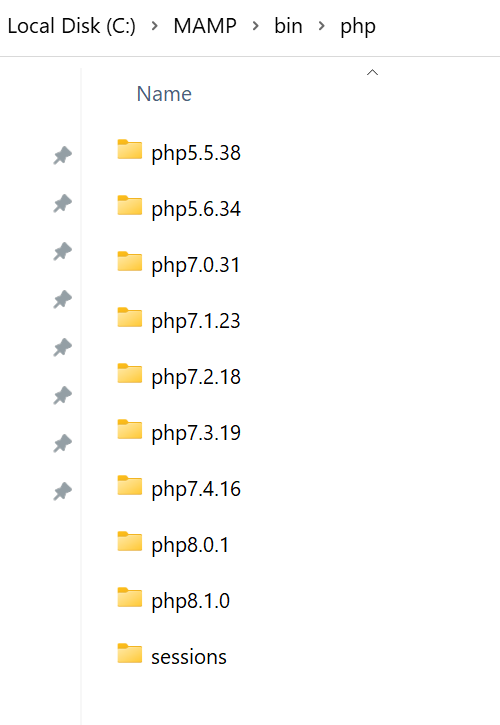 all php versions in php folder of MAMP windows 11