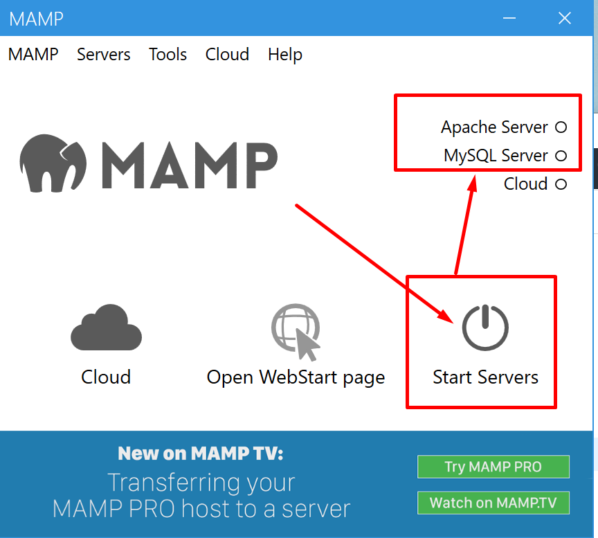 start servers button - apache server and mysql server in MAMP 