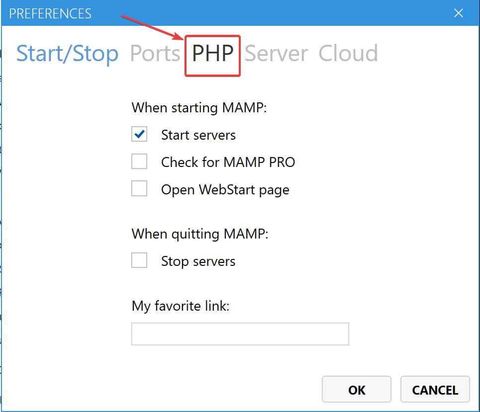 mamp PHP menu in windows