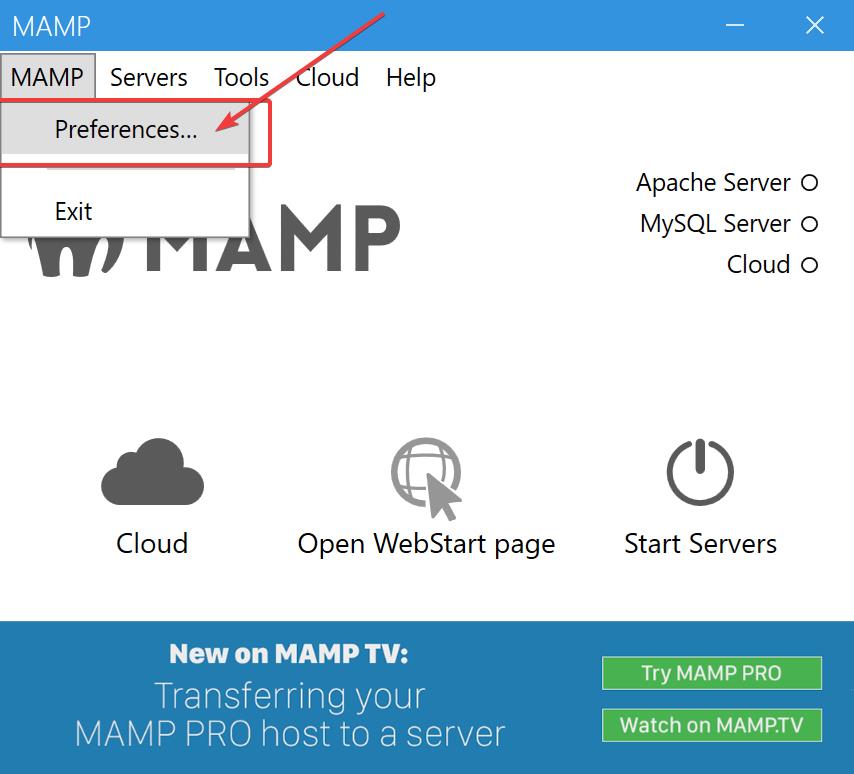 mamp preferences menu in windows