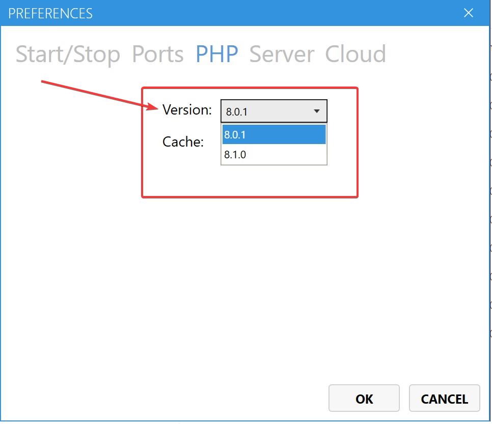 select PHP version in MAMP windows