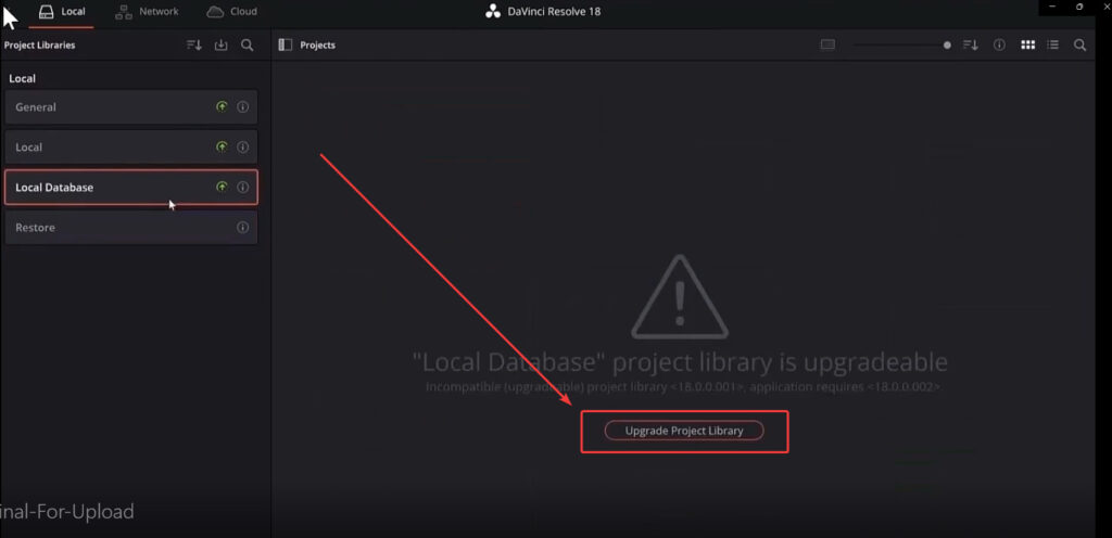 Upgrade Project Library - DaVinci Resolve 18