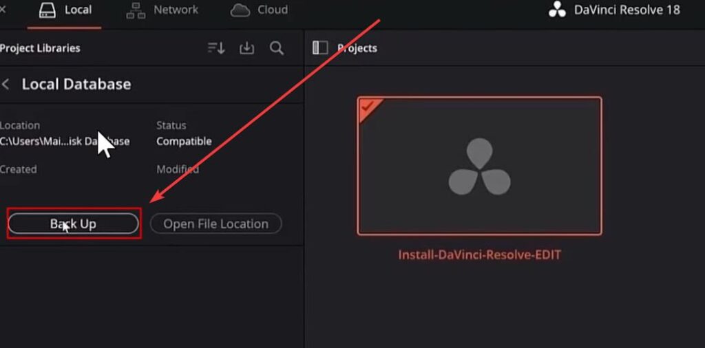 local database back up button - DaVinci Resolve 18